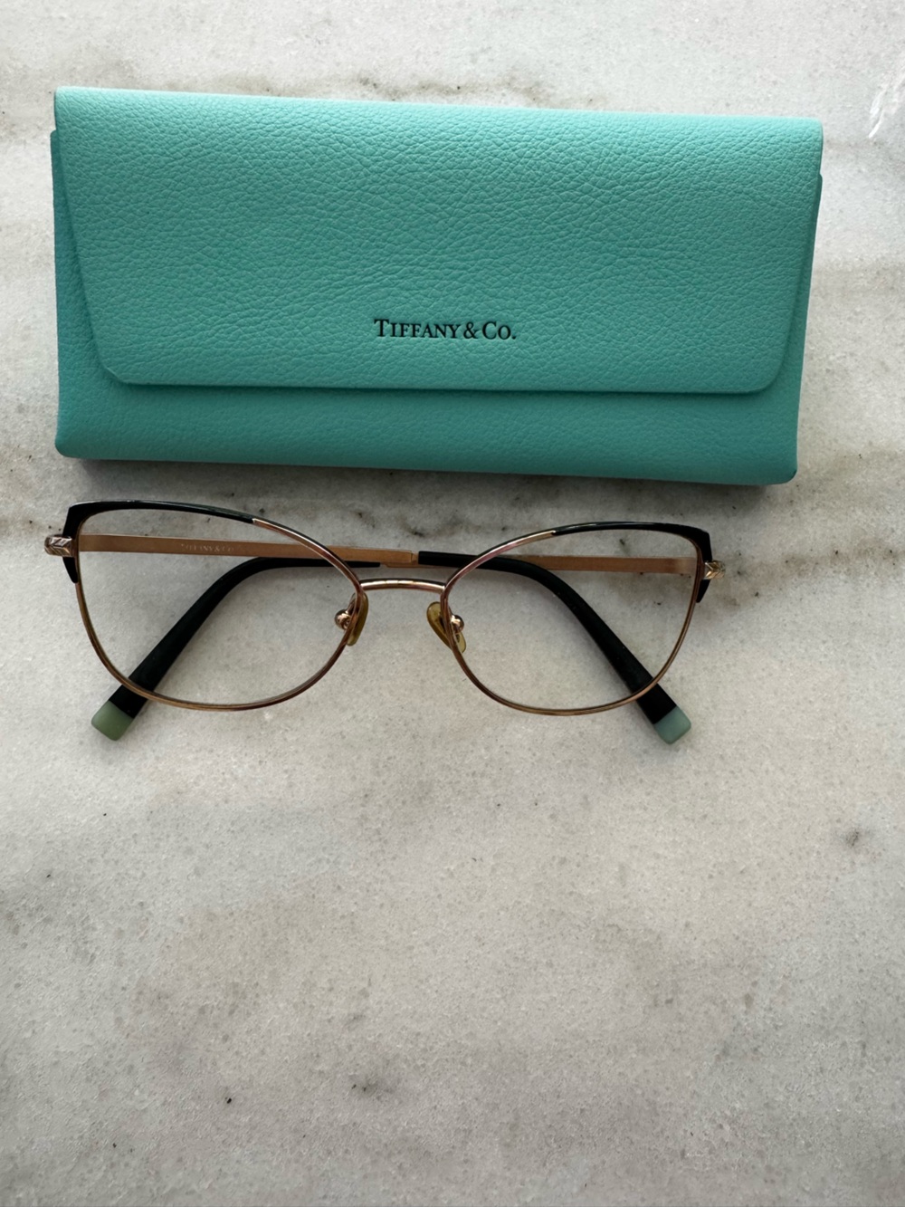 Tiffany & Co. Gold and Black Cat-Eye Optical Glasses with Tiffany Blue Case